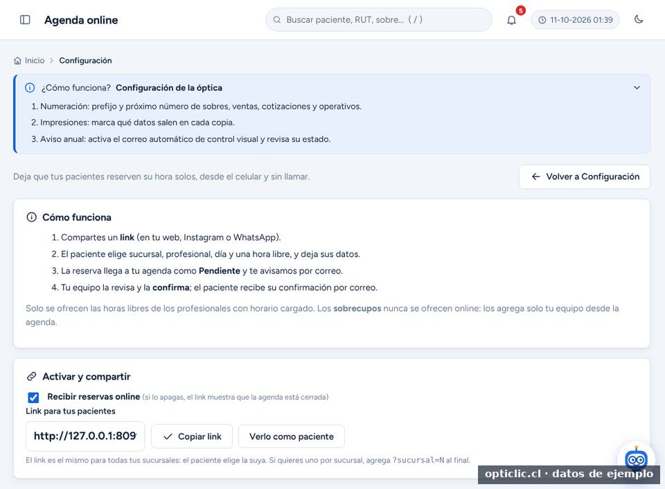 Pantalla de Agenda online en Opticlic