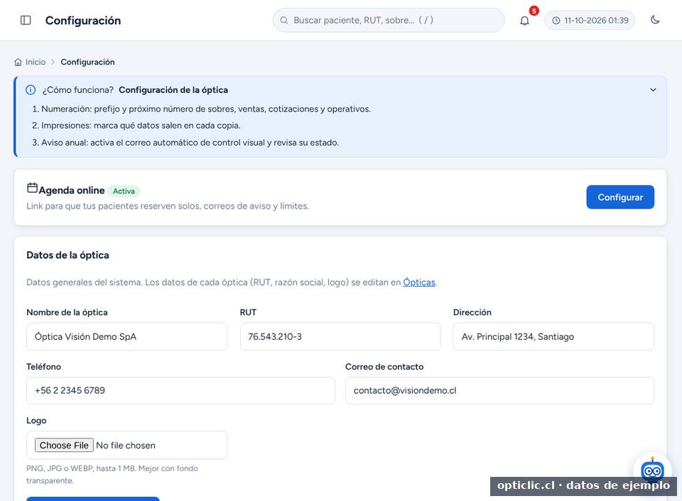 Configuración de la óptica en Opticlic