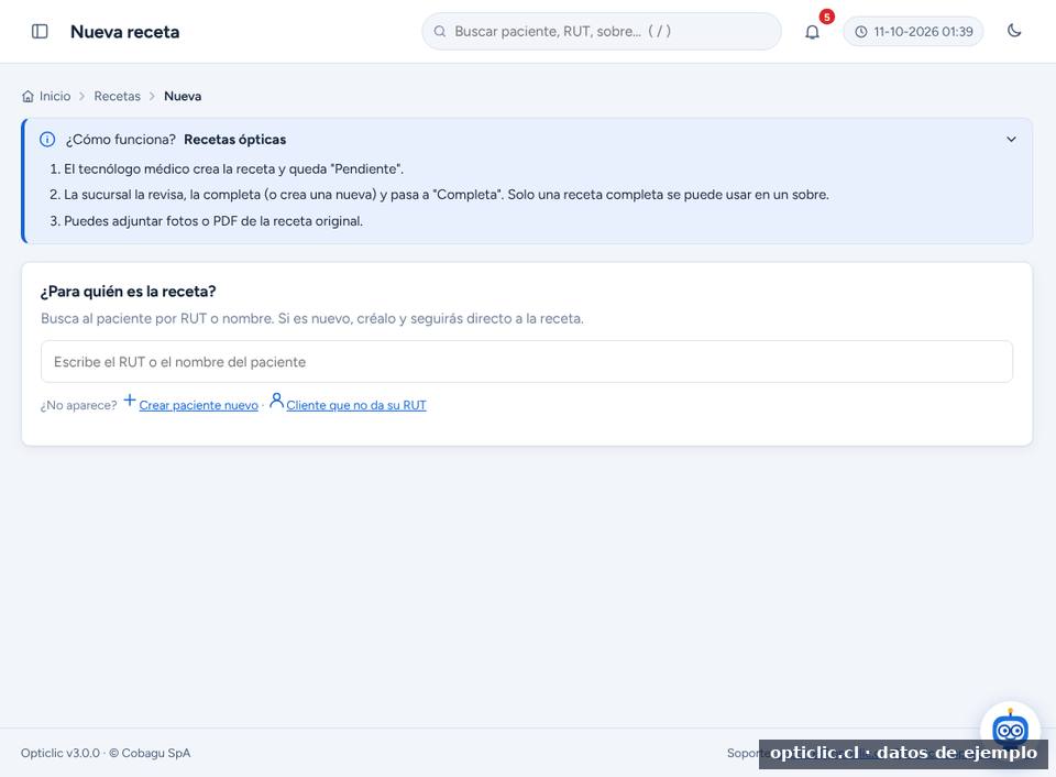 Pantalla de nueva receta en Opticlic